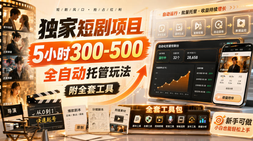 独家短剧项目,5小时300-500,全自动托管玩法,附全套工具【揭秘】-网赚副业网