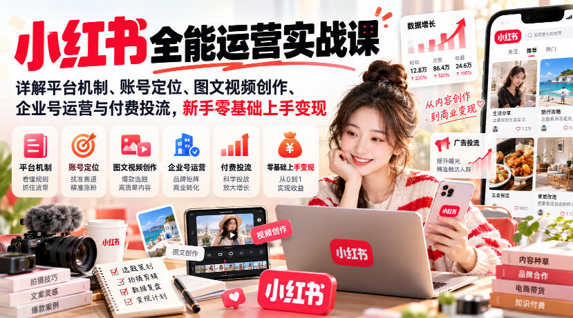小红书全能运营实战课,详解平台机制、账号定位、图文视频创作、企业号运营与付费投流,新手零基础上手变现-网赚副业网