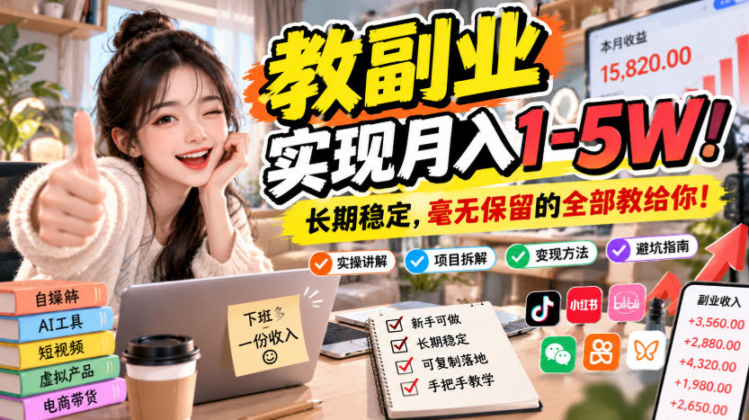 “教副业”实现月入1-5W!长期稳定,毫无保留的全部教给你!【揭秘】-网赚副业网