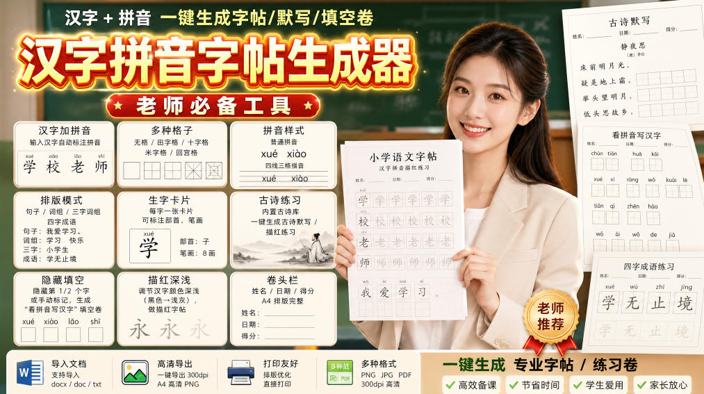 学习神器,汉字拼音字帖生成器,汉字+拼音 一键生成字帖/默写/填空卷,支持词组、成语,老师、家长必备-网赚副业网