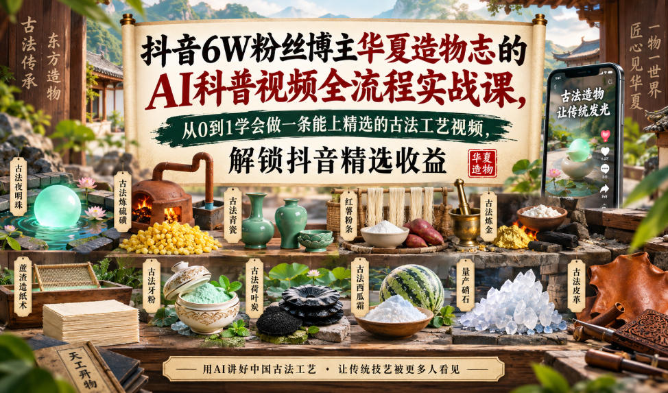 抖音6W粉丝博主华夏造物志的AI科普视频全流程实战课,从0到1学会做一条能上精选的古法工艺视频,解锁抖音精选收益-网赚副业网