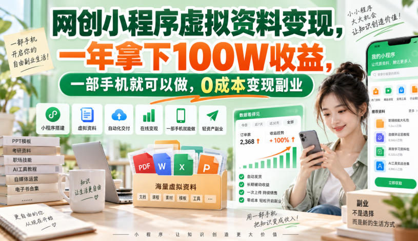网创小程序虚拟资料变现,一年拿下100W收益,一部手机就可以做,0成本变现副业!【揭秘】-网赚副业网