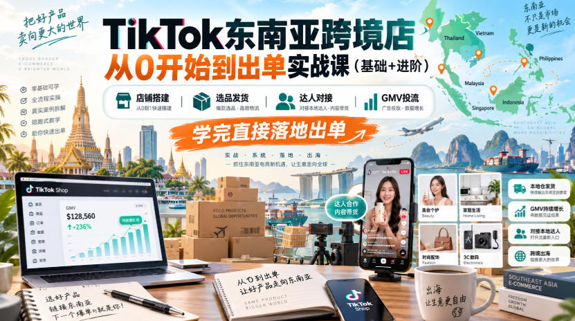 TikTok东南亚跨境店从0开始到出单实战课(基础+进阶),店铺搭建、选品发货、达人对接、GMV投流,学完直接落地出单-网赚副业网