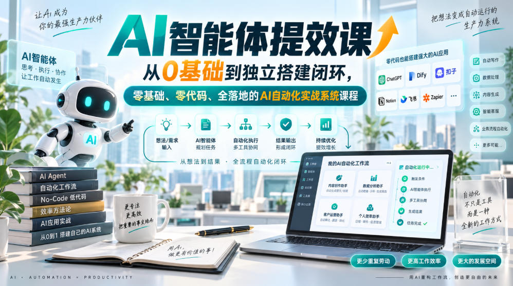 AI智能体提效课,从0基础到独立搭建闭环,零基础、零代码、全落地的AI自动化实战系统课程-网赚副业网