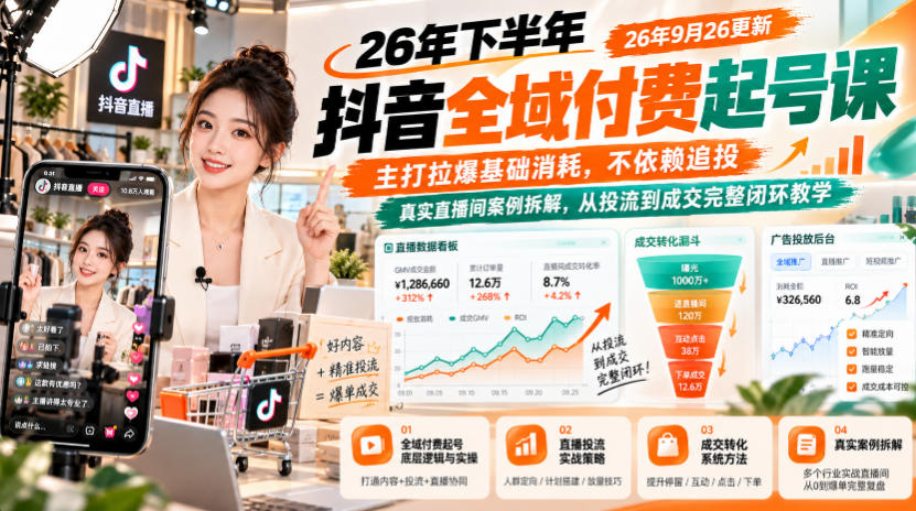 26年下半年抖音全域付费起号课26年9月26更新,主打拉爆基础消耗,不依赖追投,真实直播间案例拆解,从投流到成交完整闭环教学-网赚副业网
