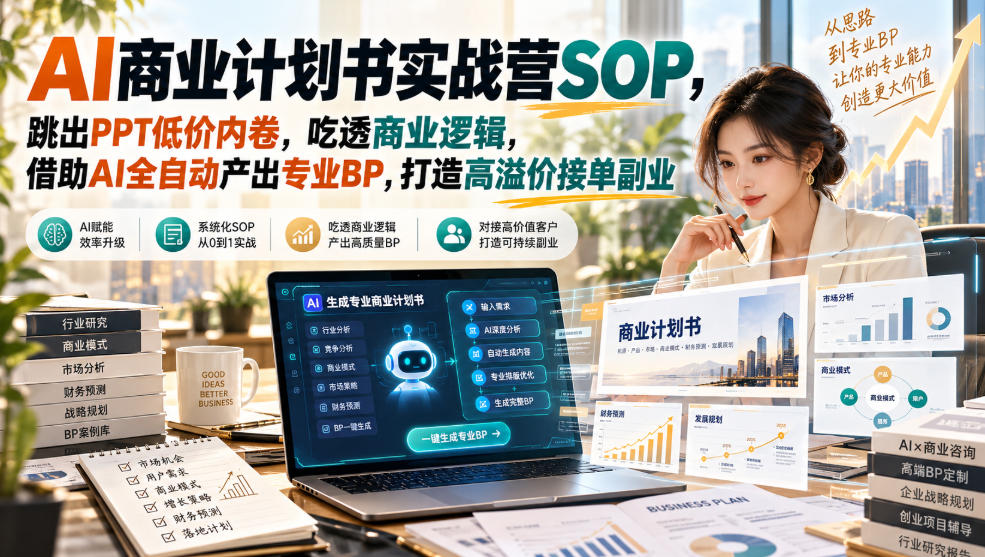 【无水印】AI商业计划书实战营SOP,跳出PPT低价内卷,吃透商业逻辑,借助AI全自动产出专业BP,打造高溢价接单副业-网赚副业网