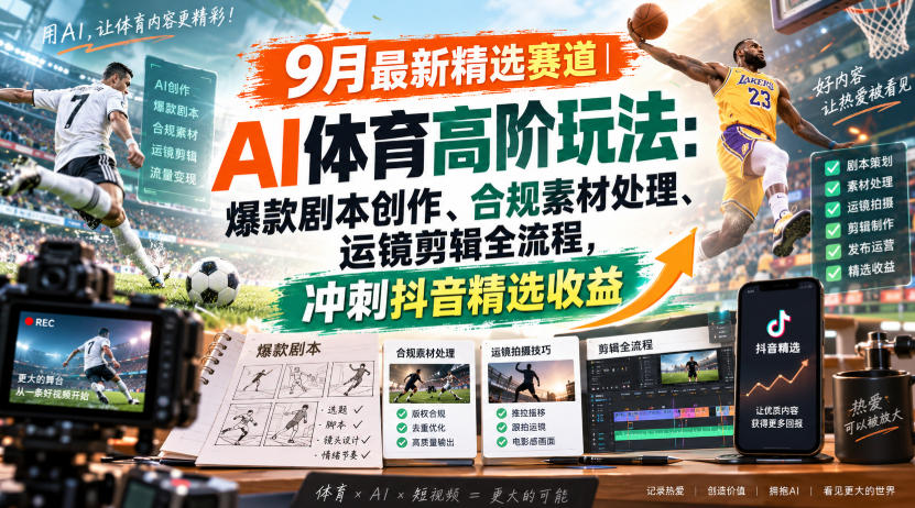 某大佬的9月最新精选赛道之AI体育顶级玩法,爆款剧本创作、版权规避、运镜剪辑全流程,稳拿抖音精选收益-网赚副业网