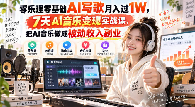 零乐理零基础AI写歌月入过1W，7天AI音乐变现实战课，把AI音乐做成被动收入副业-网赚副业网