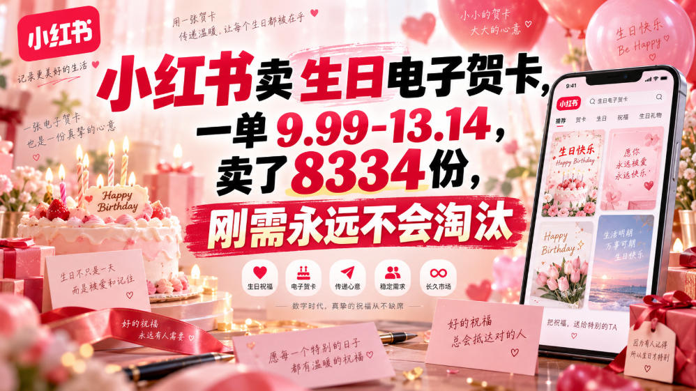 小红书卖生日电子贺卡,一单9.99-13.14,卖了8334份,刚需永远不会淘汰-网赚副业网