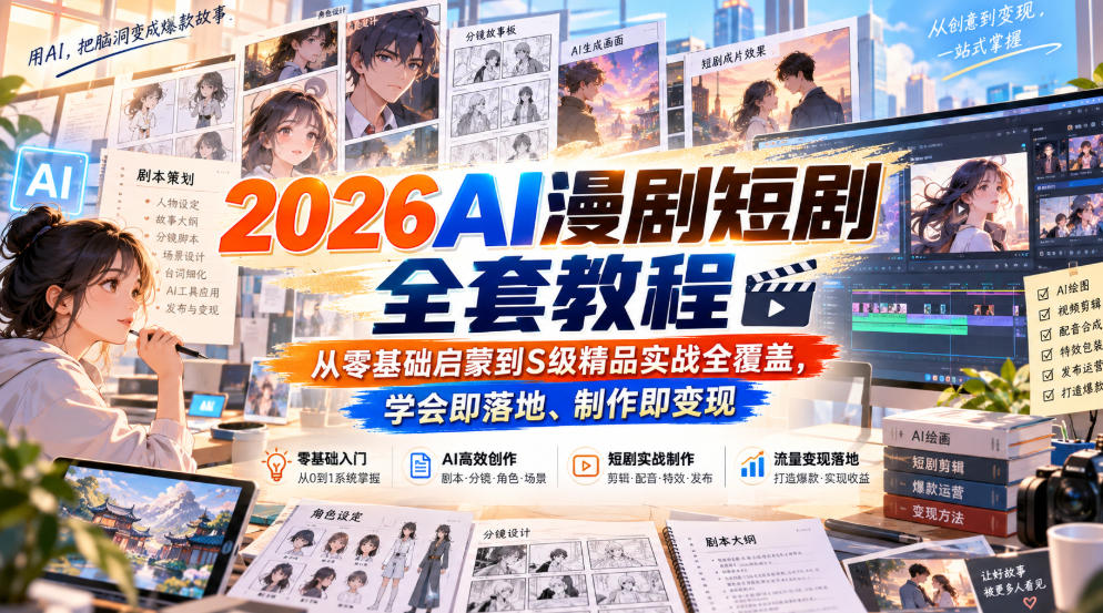 【无水印】2026AI漫剧短剧全套教程,从零基础启蒙到S级精品实战全覆盖,学会即落地、制作即变现-网赚副业网