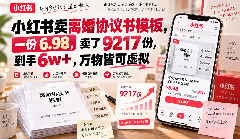 小红书卖离婚协议书模板,一份6.98,卖了9217份,到手6w+,万物皆可虚拟-网赚副业网