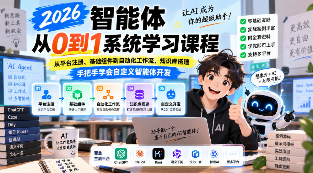 2026智能体从0到1系统学习课程,从平台注册、基础组件到自动化工作流、知识库搭建,手把手学会自定义智能体开发-网赚副业网