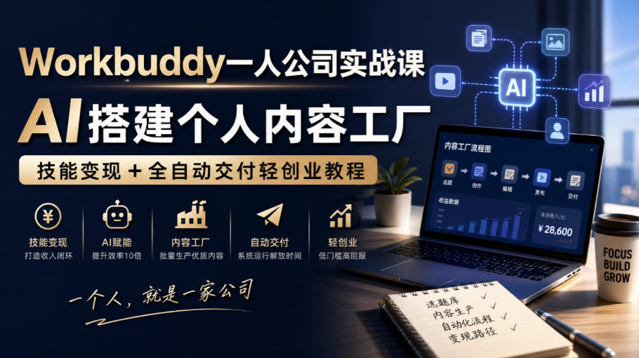 Workbuddy一人公司实战课，AI搭建个人内容工厂，技能变现+全自动交付轻创业教程​-网赚副业网
