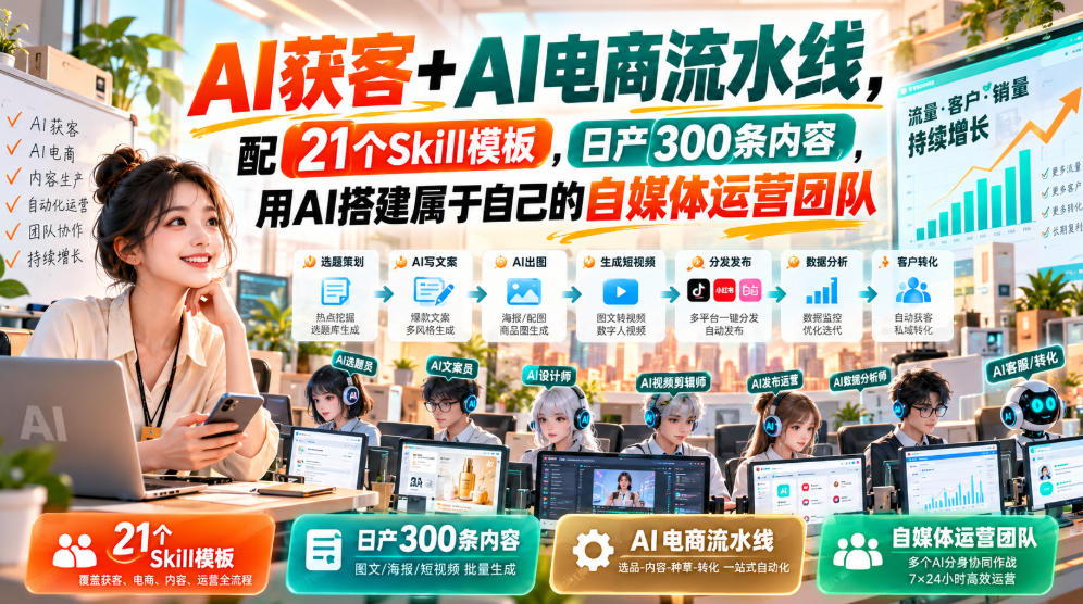 AI获客+AI电商流水线,配21个Skill模板,日产300条内容,用AI搭建属于自己的自媒体运营团队-网赚副业网