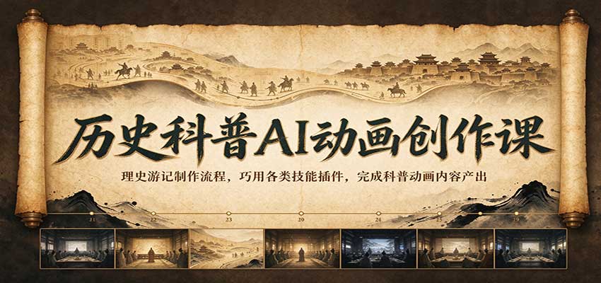 历史科普AI动画创作课：理史游记制作流程，巧用各类技能插件，完成科普动画内容产出-网赚副业网