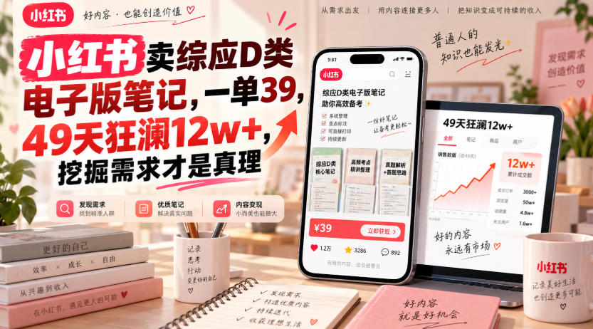 小红书卖综应D类电子版笔记,一单39,49天狂澜12w+,挖掘需求才是真理-网赚副业网