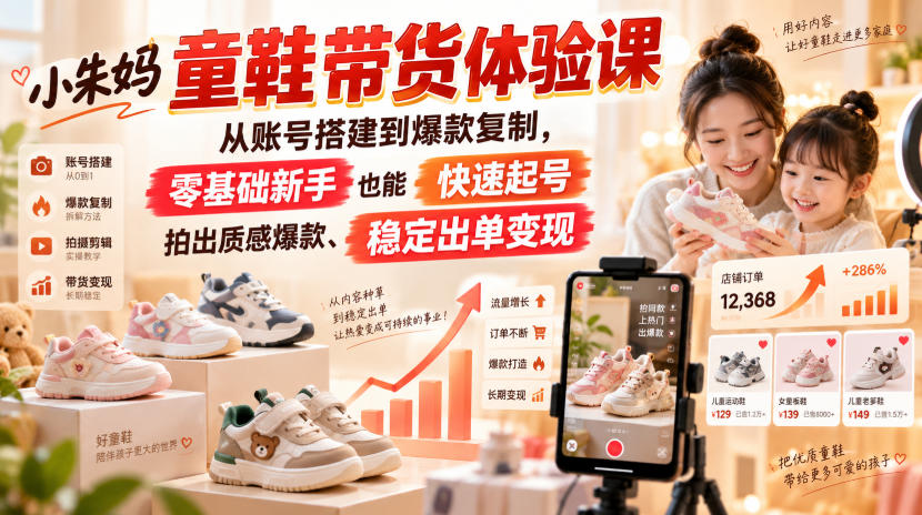 小朱妈童鞋带货体验课，从账号搭建到爆款复制，零基础新手也能快速起号、拍出质感爆款、稳定出单变现-网赚副业网