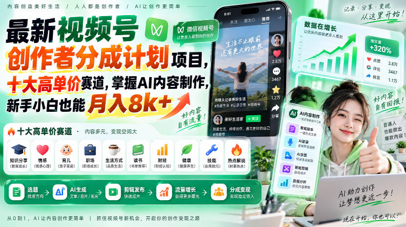 最新视频号创作者分成计划项目,十大高单价赛道,掌握AI内容制作,新手小白也能月入8k+-网赚副业网