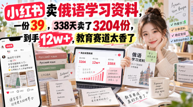 小红书卖俄语学习资料,一份39,338天卖了3204份,到手12w+,教育赛道太香了-网赚副业网