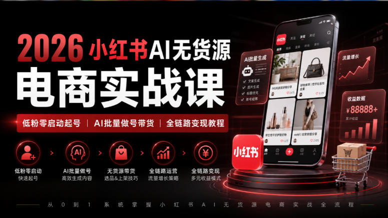 2026小红书AI无货源电商实战课|低粉零启动起号|AI批量做号带货全链路变现教程-网赚副业网