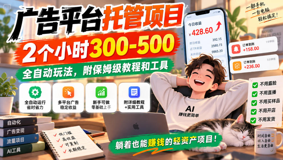 广告平台托管项目,2个小时300-500,全自动玩法,附保姆级教程和工具,小白照着就能做【揭秘】-网赚副业网