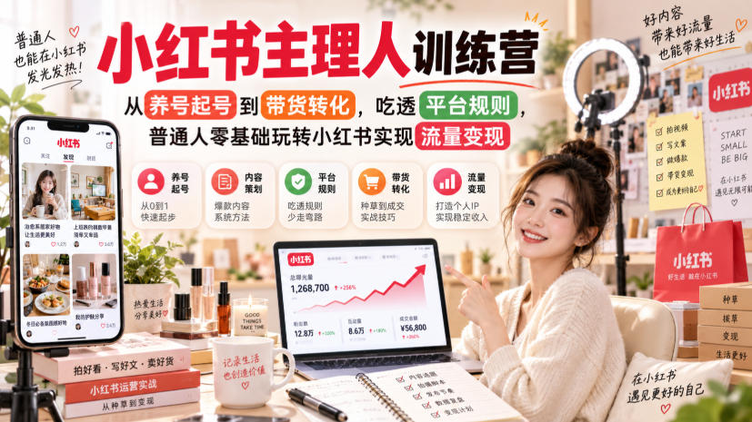 小红书主理人训练营,从养号起号到带货转化,吃透平台规则,普通人零基础玩转小红书实现流量变现-网赚副业网