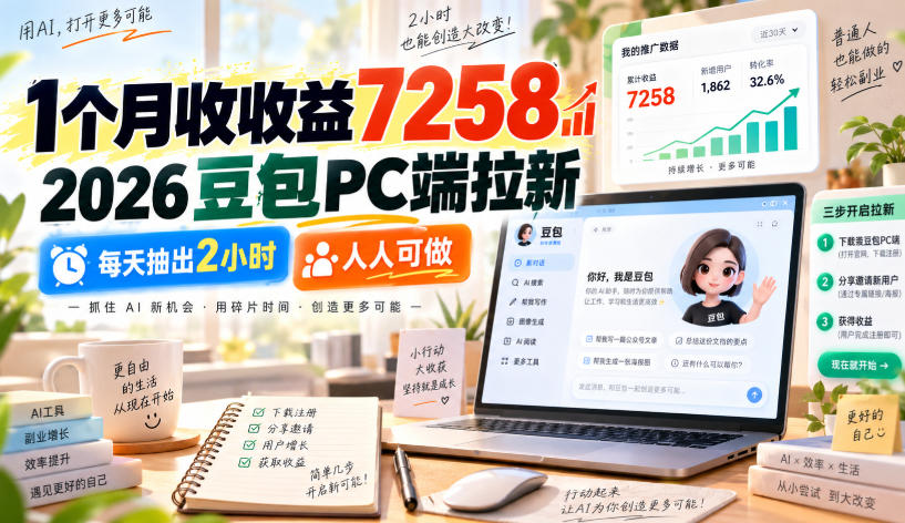 1个月收收益7258,2026豆包PC端拉新,每天抽出2小时,人人可做-网赚副业网