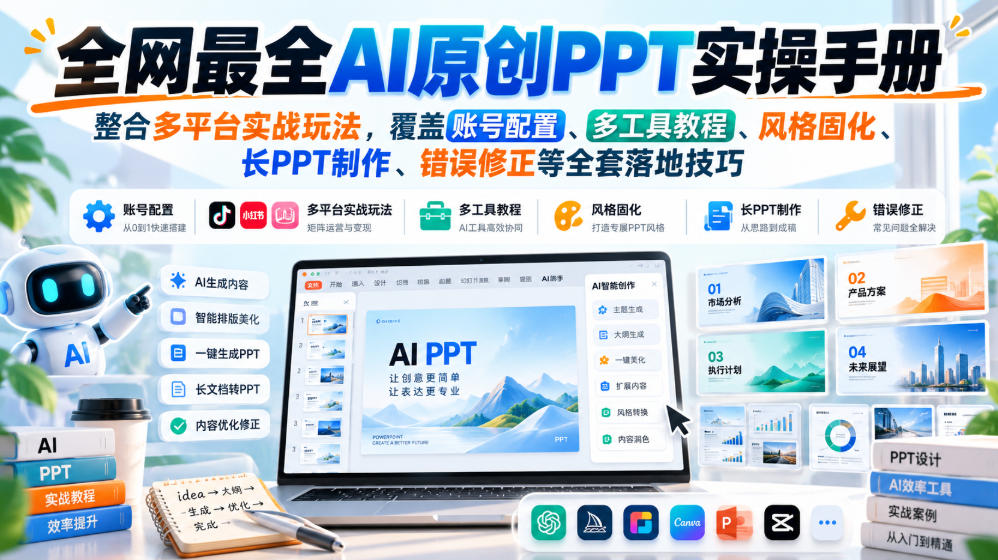全网最全AI原创PPT实操手册,整合多平台实战玩法,覆盖账号配置、多工具教程、风格固化、长PPT制作、错误修正等全套落地技巧-网赚副业网