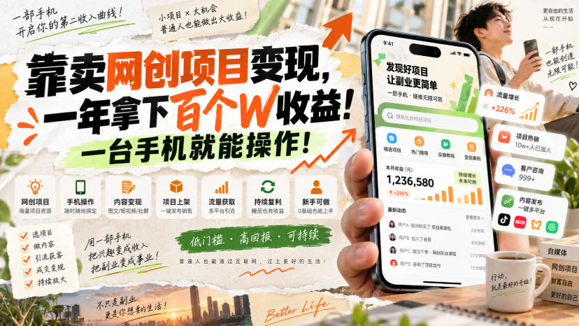 靠卖网创项目变现,一年拿下百个W收益!一台手机就能操作!【揭秘】-网赚副业网