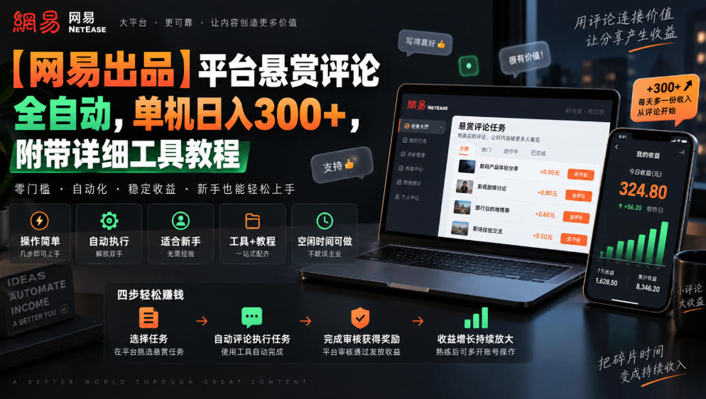 【网易出品】平台悬赏评论全自动,单机日入300+,附带详细工具教程【揭秘】-网赚副业网