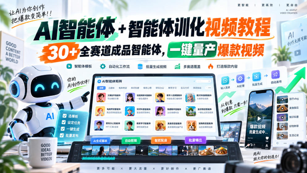 AI智能体+智能体训化视频教程,30+全赛道成品智能体,一键量产爆款视频-网赚副业网