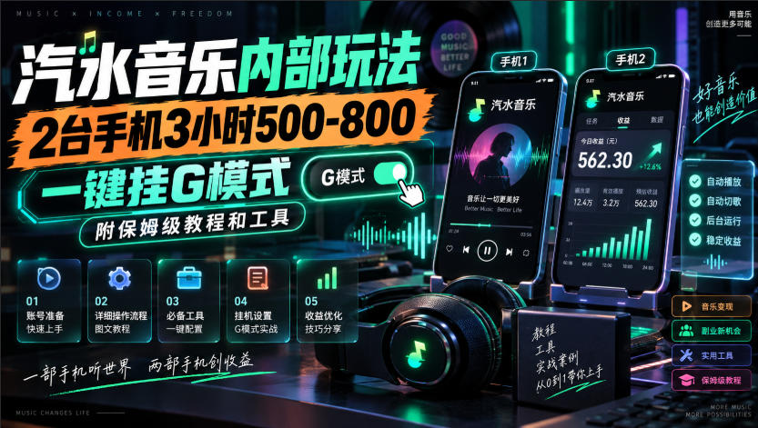 汽水音乐内部玩法,2台手机3小时500-800,一键挂G模式,附保姆级教程和工具【揭秘】-网赚副业网