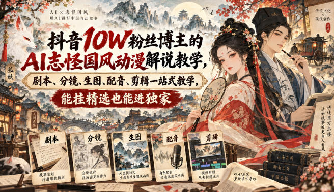 抖音10W粉丝博主的AI志怪国风动漫解说教学,剧本、分镜、生图、配音、剪辑一站式教学,能挂精选也能进独家-网赚副业网