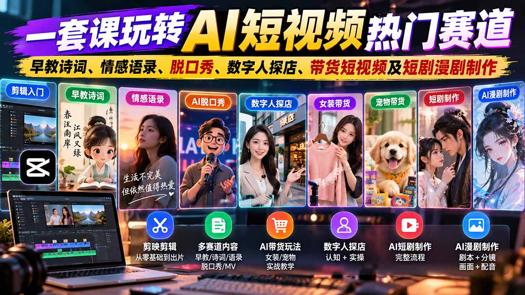 (20964期)一套课玩转AI短视频热门赛道:早教诗词、情感语录、脱口秀、数字人探店、带货短视频及短剧漫剧制作 复制标题-网赚副业网