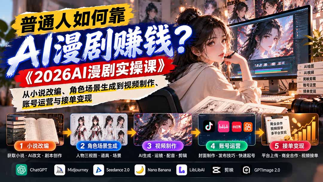 (21173期)普通人如何靠AI漫剧赚钱?《2026AI漫剧实操课》从小说改编、角色场景生成到视频制作、账号运营与接单变现-网赚副业网