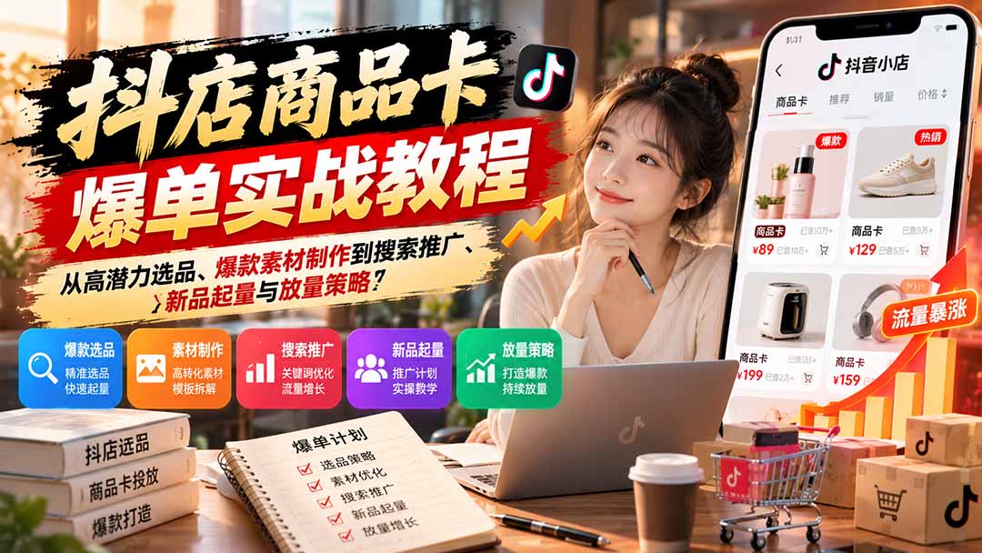 (21148期)抖店商品卡爆单实战教程:从高潜力选品、爆款素材制作到搜索推广、新品起量与放量策略-网赚副业网