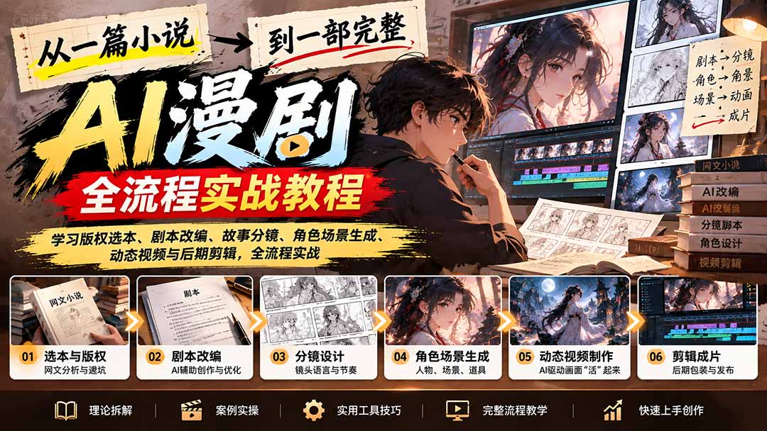 (21262期)从一篇小说到一部完整AI漫剧:学习版权选本、剧本改编、故事分镜、角色场景生成、动态视频与后期剪辑-网赚副业网