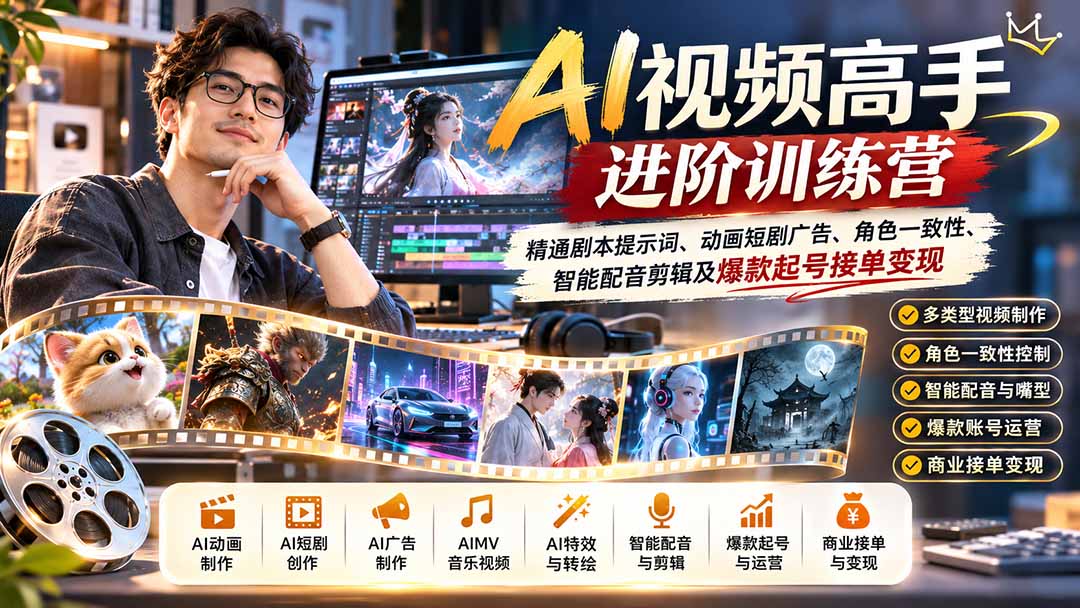 (21174期)AI视频高手进阶训练营:精通剧本提示词、动画短剧广告、角色一致性、智能配音剪辑及爆款起号接单变现-网赚副业网
