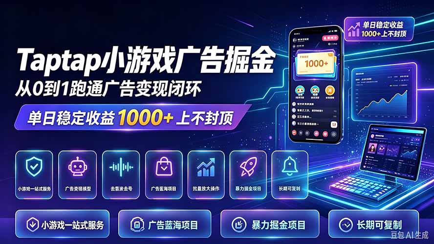(21263期)TapTap小游戏广告掘金日赚收益1000+上不封顶-网赚副业网