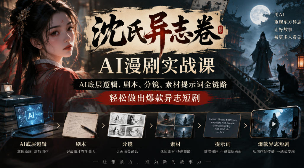 沈氏异志卷AI漫剧实战课|AI底层逻辑、剧本、分镜、素材提示词全链路,轻松做出爆款异志短剧-网赚副业网