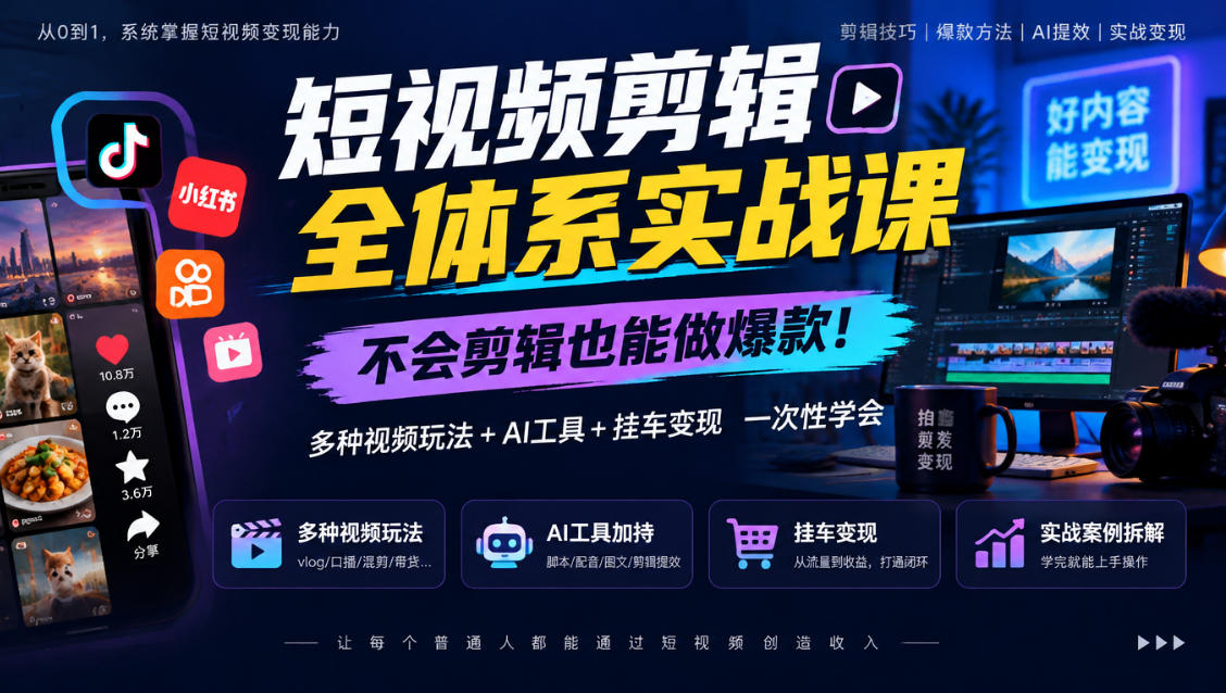 短视频剪辑全体系实战课,不会剪辑也能做爆款,多种视频玩法+AI工具+挂车变现一次性学-网赚副业网