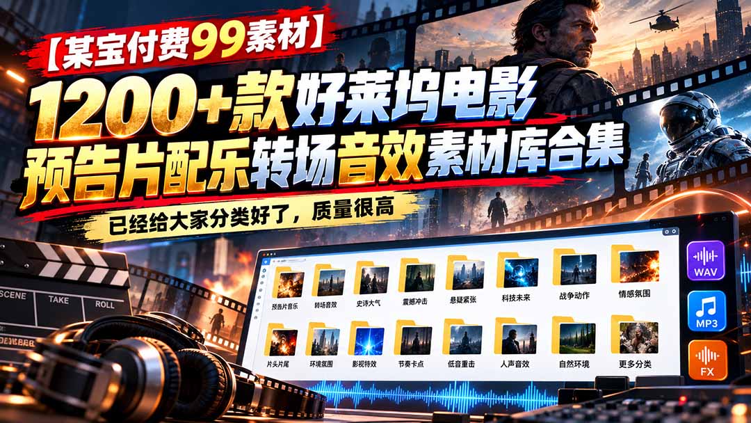 (20797期)【某宝付费99素材】1200+款好莱坞电影预告片配乐转场音效素材库合集-网赚副业网