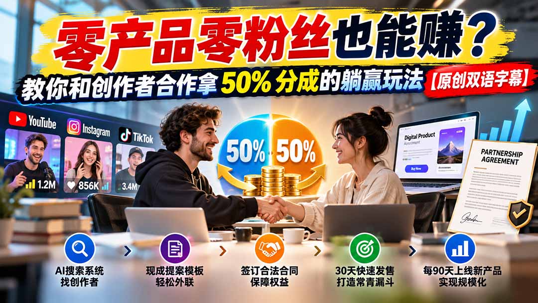 （20957期）零产品零粉丝也能赚？教你和创作者合作拿 50% 分成的躺赢玩法【原创双语字幕】-网赚副业网