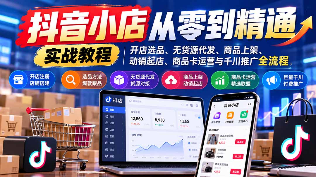 (21264期)抖音小店从零到精通实战教程:开店选品、无货源代发、商品上架、动销起店、商品卡运营与千川推广全流程-网赚副业网