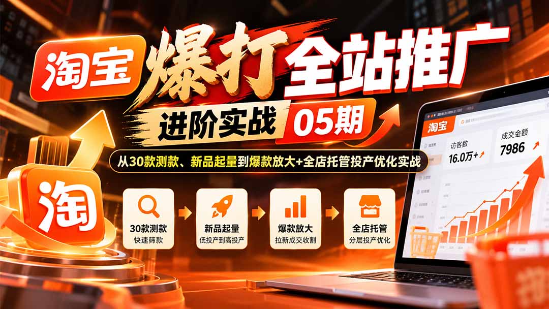 (20817期)淘宝爆打全站推广进阶实战05期:从30款测款、新品起量到爆款放大+全店托管投产优化实战-网赚副业网