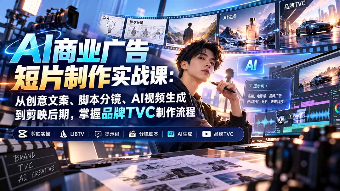 (20863期)AI商业广告短片制作实战课:从创意文案、脚本分镜、AI视频生成到剪映后期,掌握品牌TVC制作流程插图1 (20863期)AI商业广告短片制作实战课:从创意文案、脚本分镜、AI视频生成到剪映后期,掌握品牌TVC制作流程插图1
