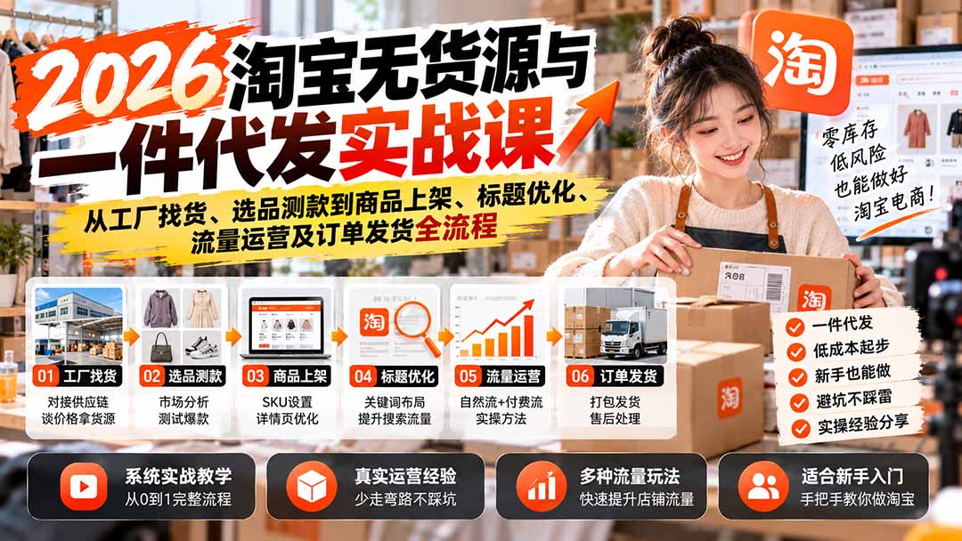 (20903期)2026淘宝无货源与一件代发实战课:从工厂找货、选品测款到商品上架、标题优化、流量运营及订单发货全流程-网赚副业网