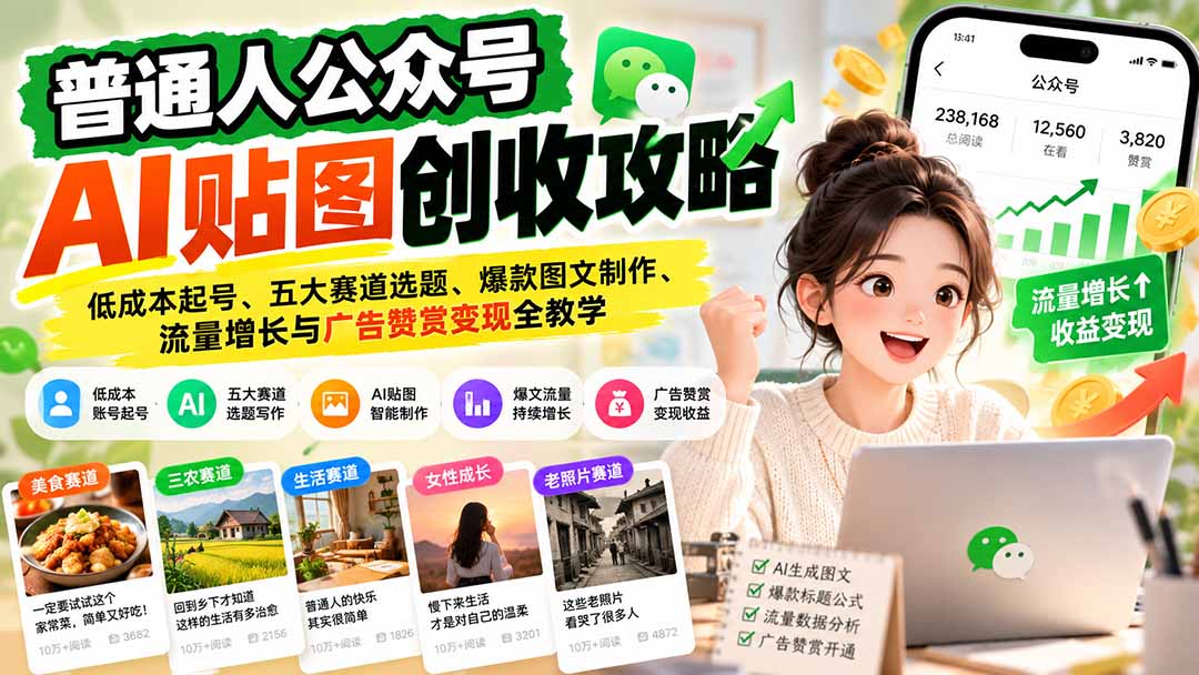 （20972期）普通人公众号AI贴图创收攻略：低成本起号、五大赛道选题、爆款图文制作、流量增长与广告赞赏变现全教学-网赚副业网