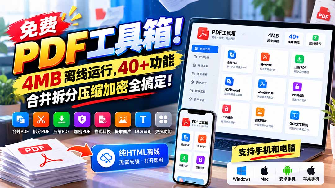 (21197期)免费PDF工具箱!4MB离线运行,40+功能,合并拆分压缩加密全搞定!-网赚副业网