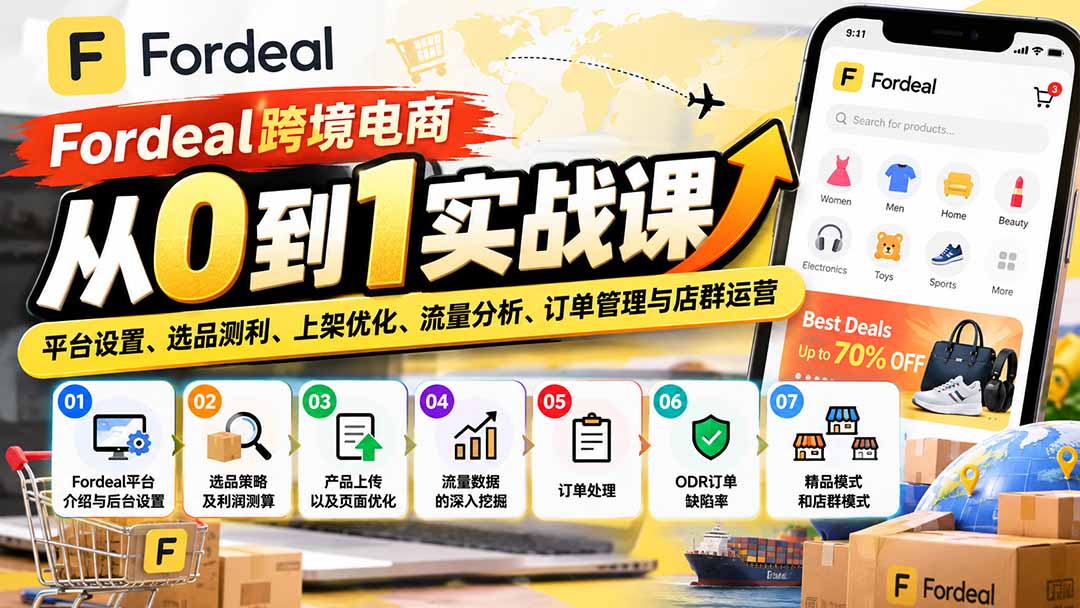 (20914期)Fordeal跨境电商从0到1实战课:平台设置、选品测利、上架优化、流量分析、订单管理与店群运营-网赚副业网
